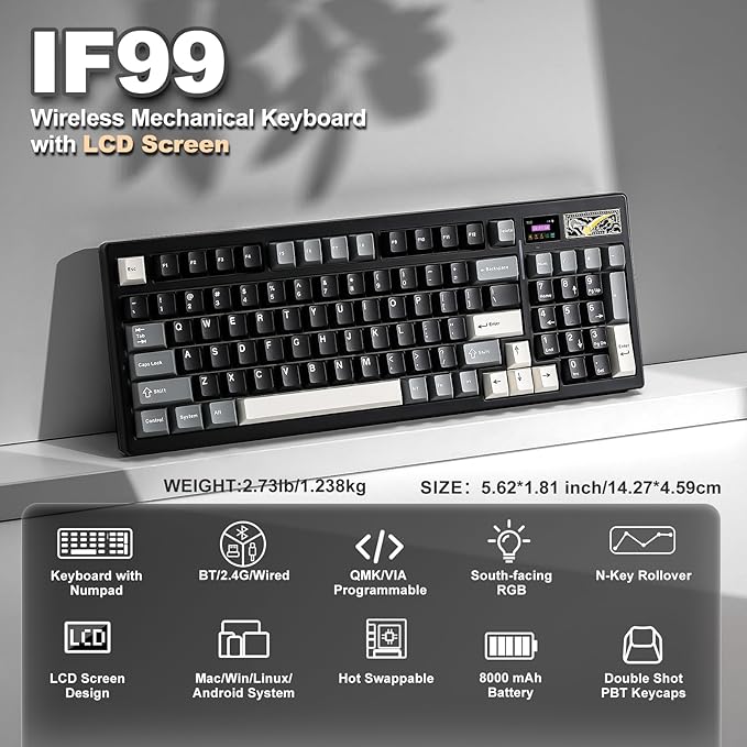 YUNZII IF99 Wireless Mechanical Gaming Keyboard with Smart LCD Display, QMK/VIA Programmable BT/2.4G/USB-C Gasket Mounted Hot Swap RGB 96% Layout for Mac/Win (Black, Gateron Zero Switch)