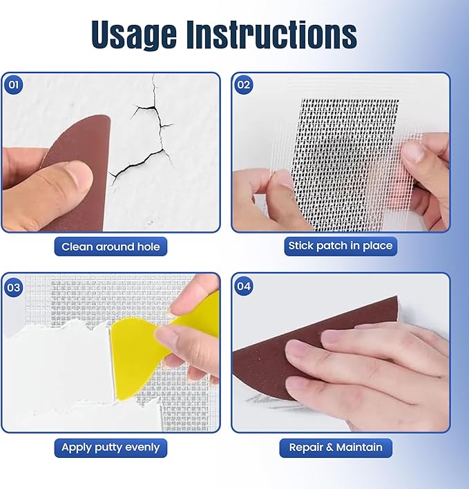 Wall Patch Repair Kit – 6 Self-Adhesive Aluminum Mesh Patches (2×4″ + 2×6″ + 2×8″) with Small & Medium Scrapers & 2 x P180 Sandpapers | Drywall Hole Patch Kit for Sheetrock, Plaster & Ceiling Repair