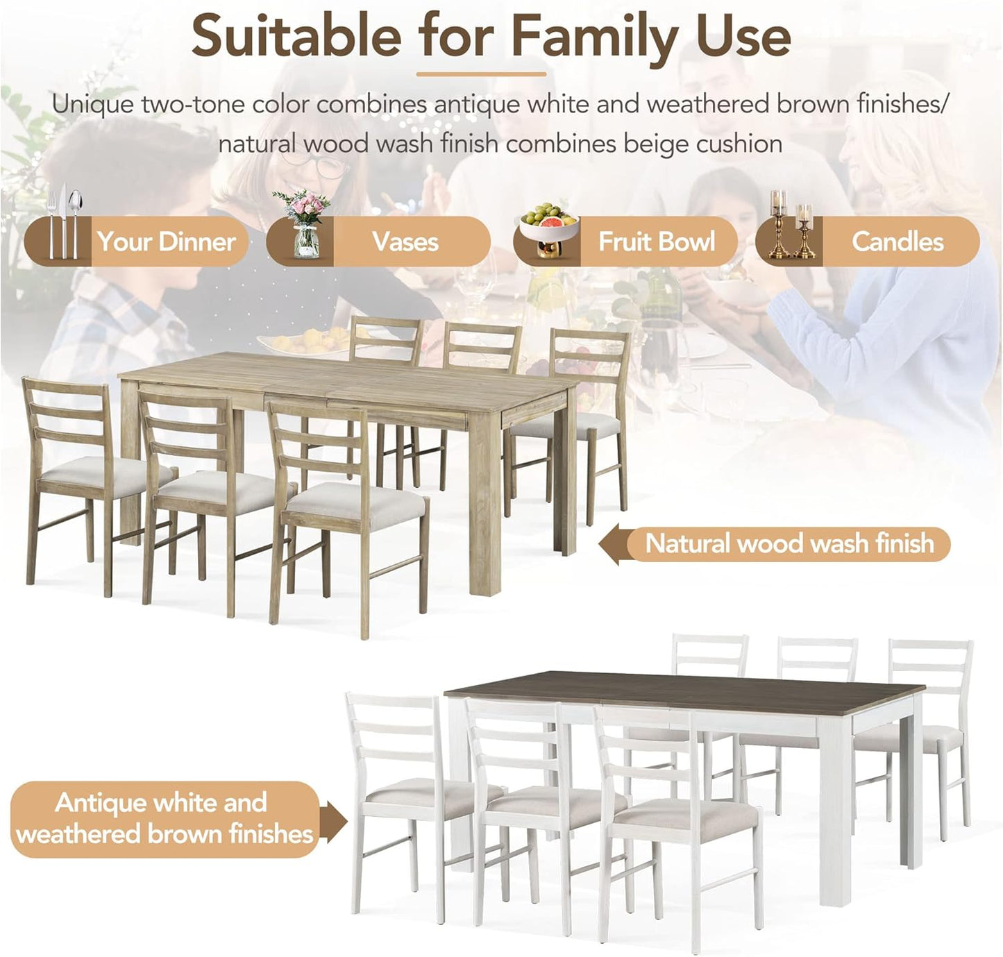 7 Pieces Dining Table Set with 6 Upholstered Chairs,Living Room Desk W/ 2 Drawers and 71.5" Rectangle Extendable Leaf,for Restaurant,Home Bistro,Natural Wood Wash