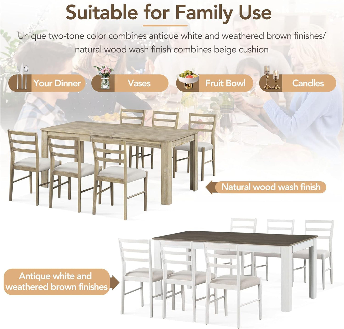 Ball & Cast 7 Piece Dining Table Set with 6 Upholstered Chairs,Living Room Desk W/ 71.5" Rectangle Extendable Leaf and 2 Drawers,for Restaurant,Home Bistro,Natural Wood Wash