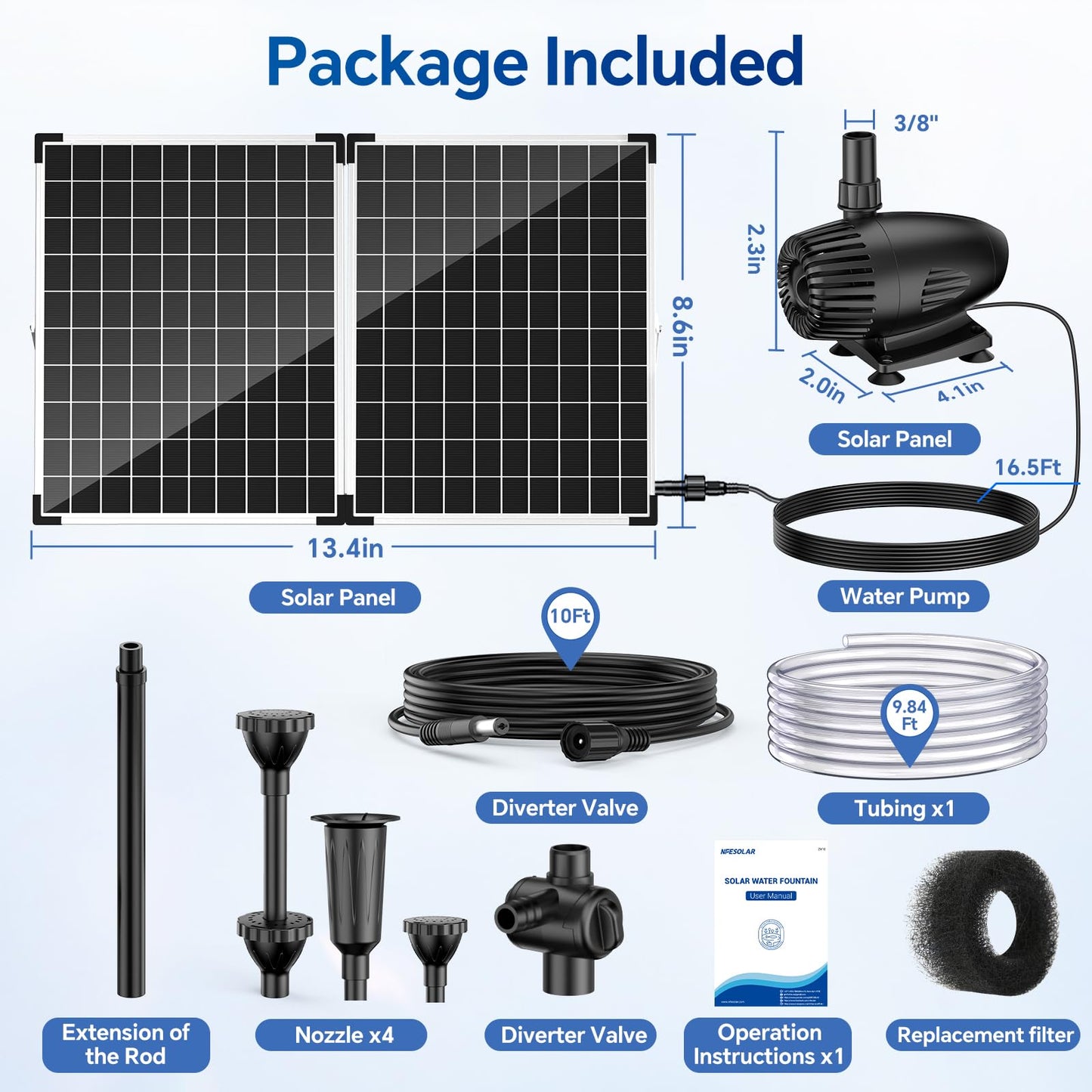 NFESOLAR 55W Solar Fountain Pump, 580GPH Solar Pond Pump with Dry-Run Protection, Foldable Solar Panel, 16.5FT Cord, 10FT Extension Cable, PVC Tubing for Outdoor Ponds, Waterfall, Garden, Hydroponics