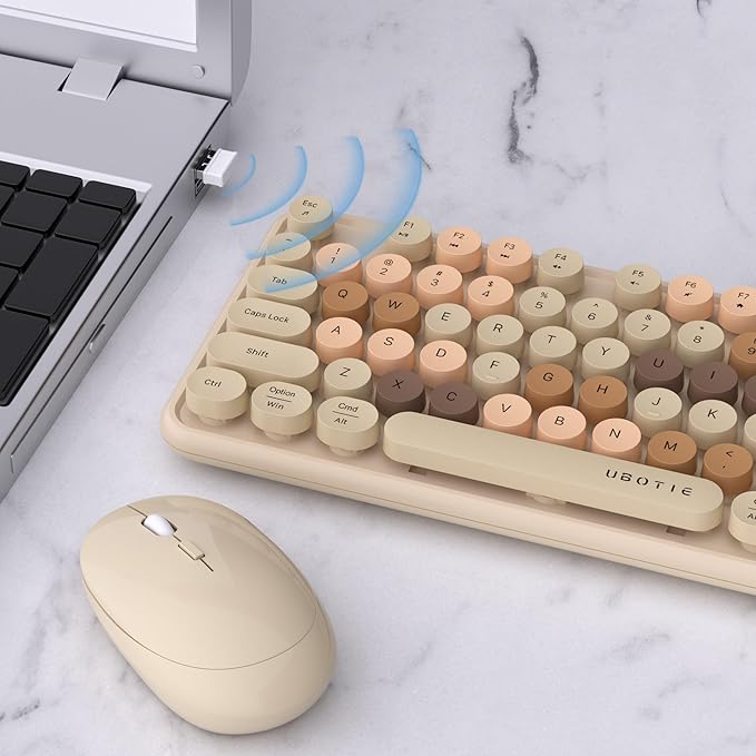 UBOTIE Colorful Computer Wireless Keyboards Mouse Combos, Typewriter Flexible Keys Office Full-Sized Keyboard, 2.4GHz Dropout-Free Connection and Optical Mouse (Milk Tea -Colorful)