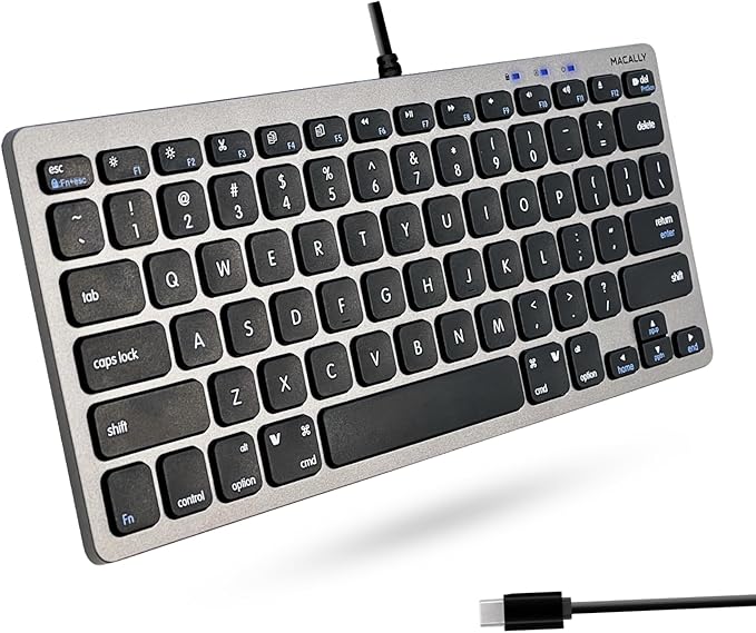 Macally Small USB C Keyboard - Plug & Play Compatible Wired Apple Keyboard for Mac mini, MacBook Pro/Air, iMac, iPad, Windows, Chromebook with USBC Port - Compact & Mini USB Type C - Space Gray