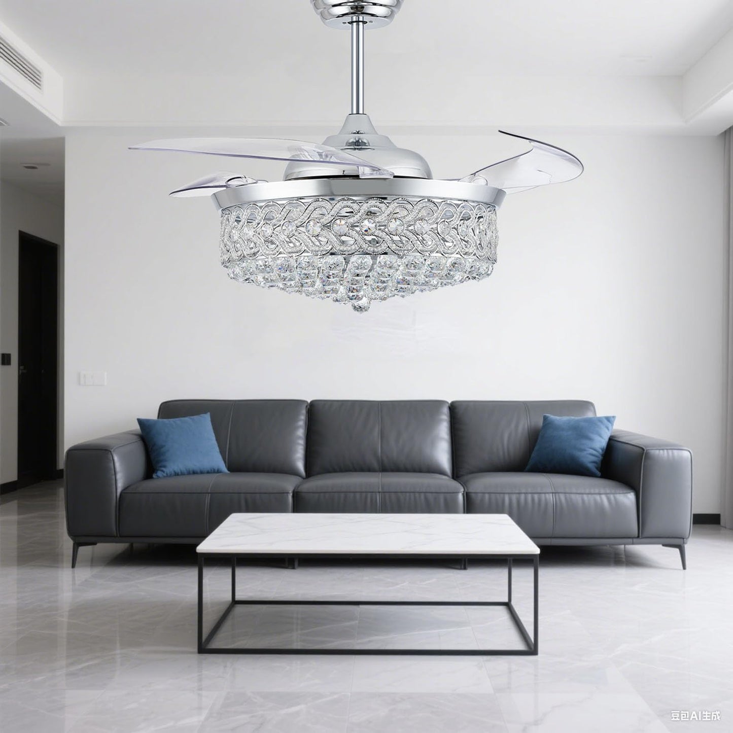 PAFRUMGE 52" Crystal Ceiling Fan with Light and Remote，Dimmable Fandelier with Invisible Retractable Blades, Modern Chandelier Ceiling Fans with Lights for Bedroom Living Room 6 Speed Chrome