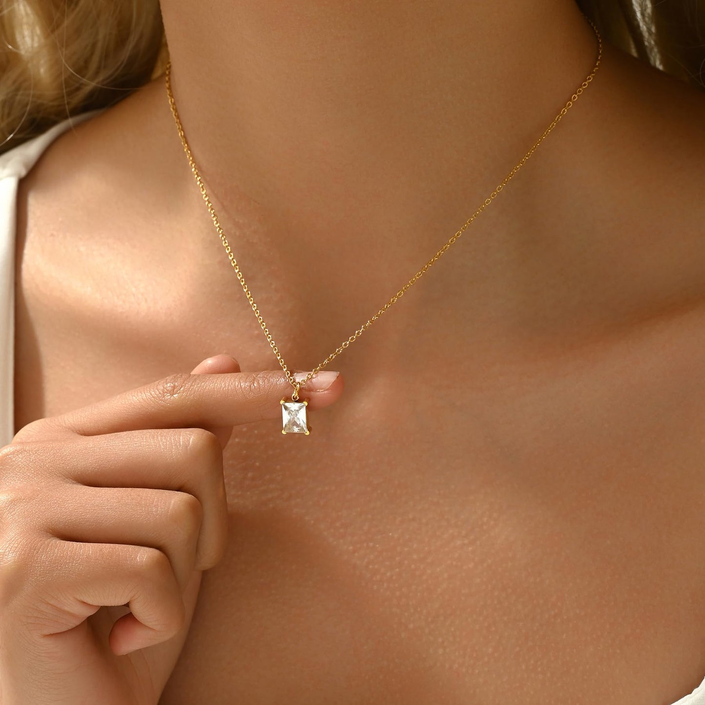 NONAMOIS 18K Gold Plated Square CZ Pendant Necklace for Women Stainless Steel Dainty Gold Created White Gemstone Choker Necklace Trendy Non Tarnish Jewelry