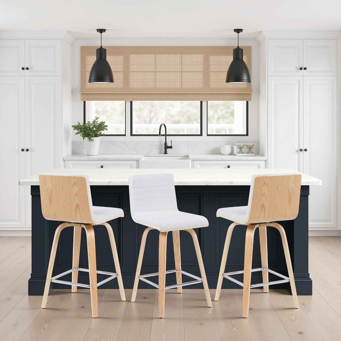 Vienna Modern Counter Height Swivel Bar Stool with White Faux Leather Seat and Patterned Oak Wood Frame Set of 2
