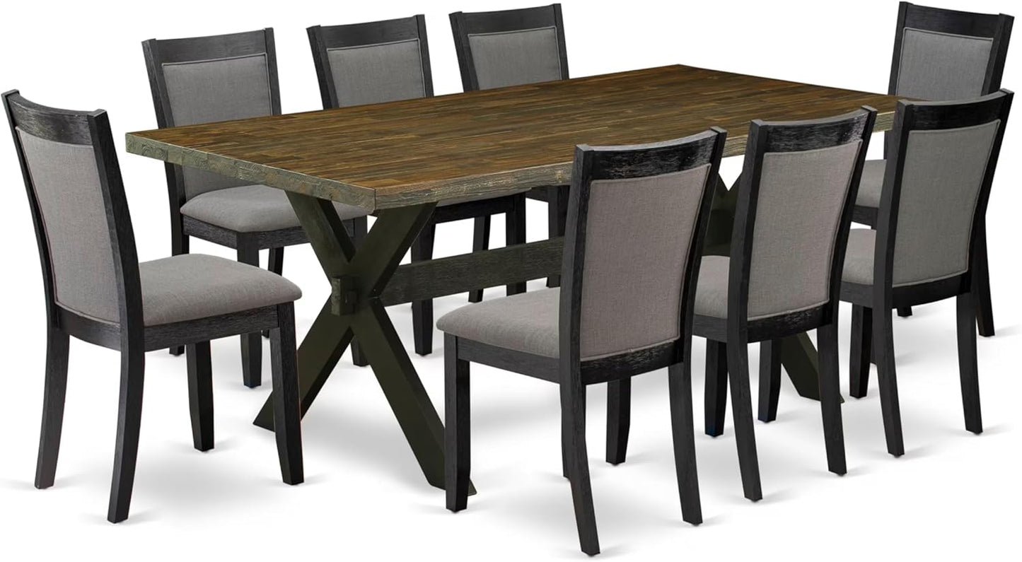 East West Furniture X677MZ650-9 9 Piece Dining Set Includes a Rectangle Dining Room Table with X-Legs and 8 Dark Gotham Grey Linen Fabric Upholstered Chairs, 40x72 Inch, Multi-Color