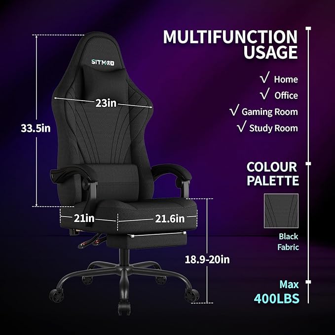 Gaming Chair, Big and Tall Gaming Chairs for Adults with Footrest and Lumbar Support, Comfortable Ergonomic Fabric Computer Chair 400 lbs, 360° Swivel, Height Adjustable Video Gamer Chair, Silla Gamer