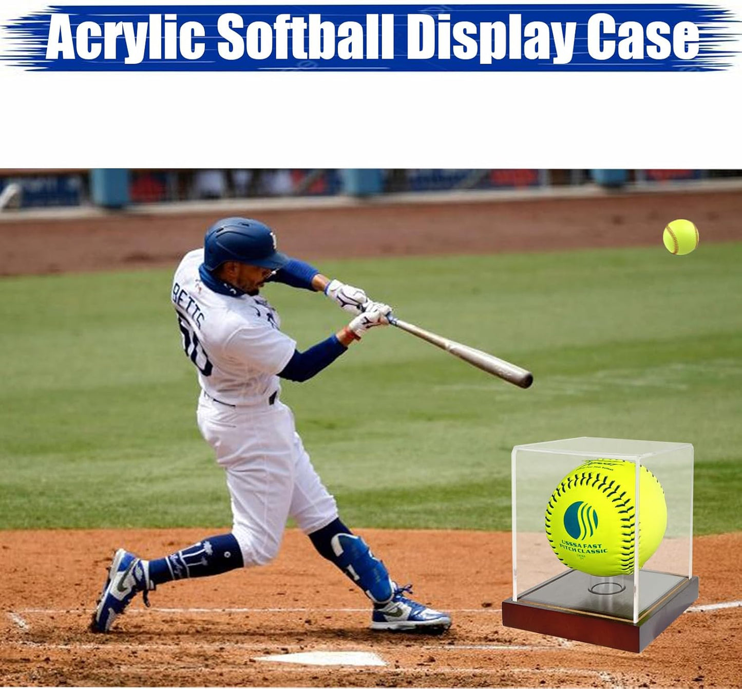 Softball Display Case,Clear Acrylic Ball Display Holder for 12 inch Softball,UV Protected Cube with Wood Base Stand for Tennis Ball Baseball Golf Ball,Championship Sport Collection Box Showcase