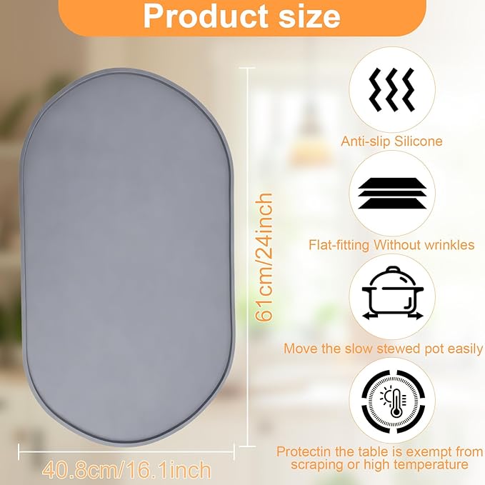 Heat Resistant Mat for Crockpot Slow Cooker - Thickened Silicone Baking Mats, Oval Non Slip Waterproof Heat Resistant Pad, Universal Fit for Most Slow Cookers, Easy to Store