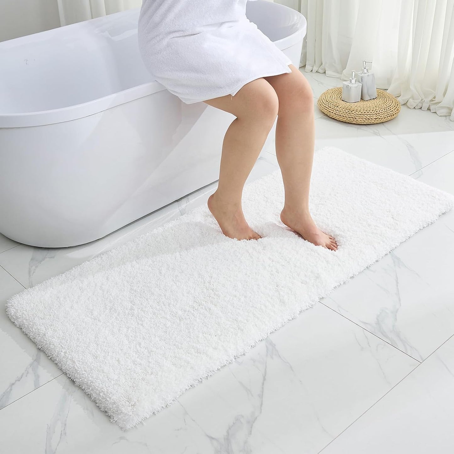 White Bathroom Rugs 24x48 Non Slip Fluffy Bath Mat for Bathroom Floor Washable Plush Luxury Bath Rug for Tub Soft Shaggy Absorbent Shower Sink Mat
