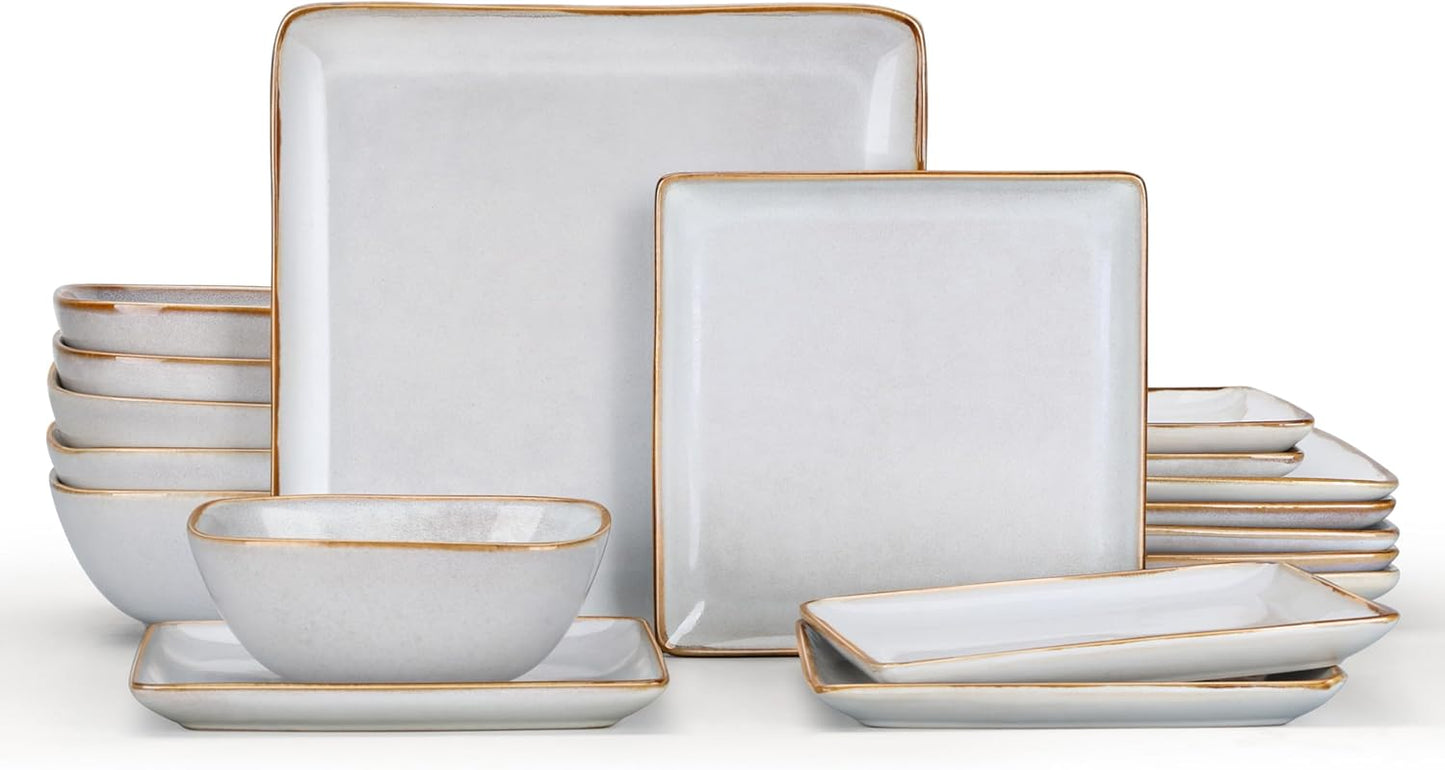 E-far Square plates and bowls Sets for 6, 18-Piece Reactive Glaze Stoneware Dinnerware Sets, Porcelain Dishware Sets for Kitchen Home, Microwave & Dishwasher Safe, Seashell White