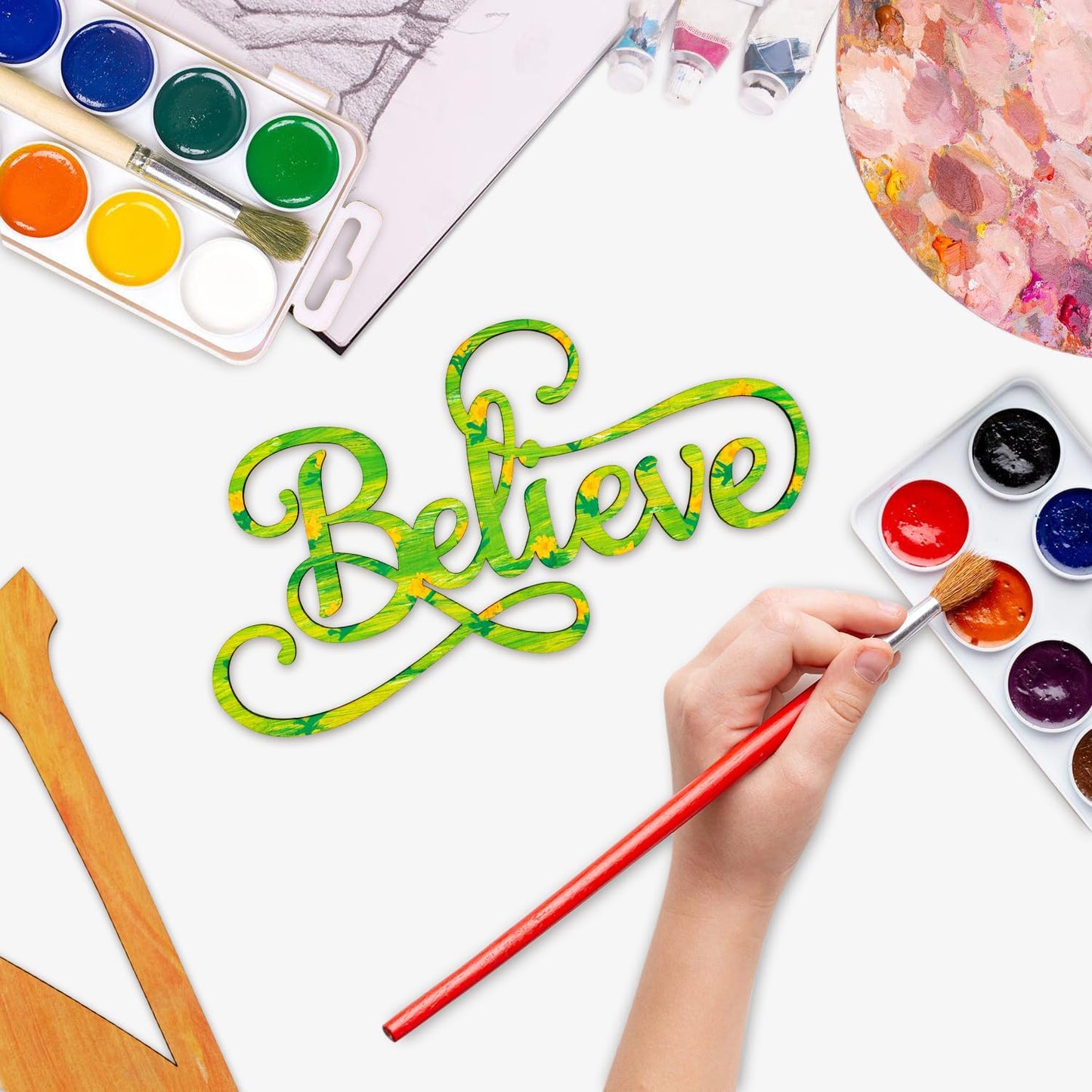 8 Pack 8 Inch Wood Believe Signs Cutouts Wood Believe Word Letters Wooden Believe Word Hanging Ornaments DIY Believe Word Craft for Home Party Decoration