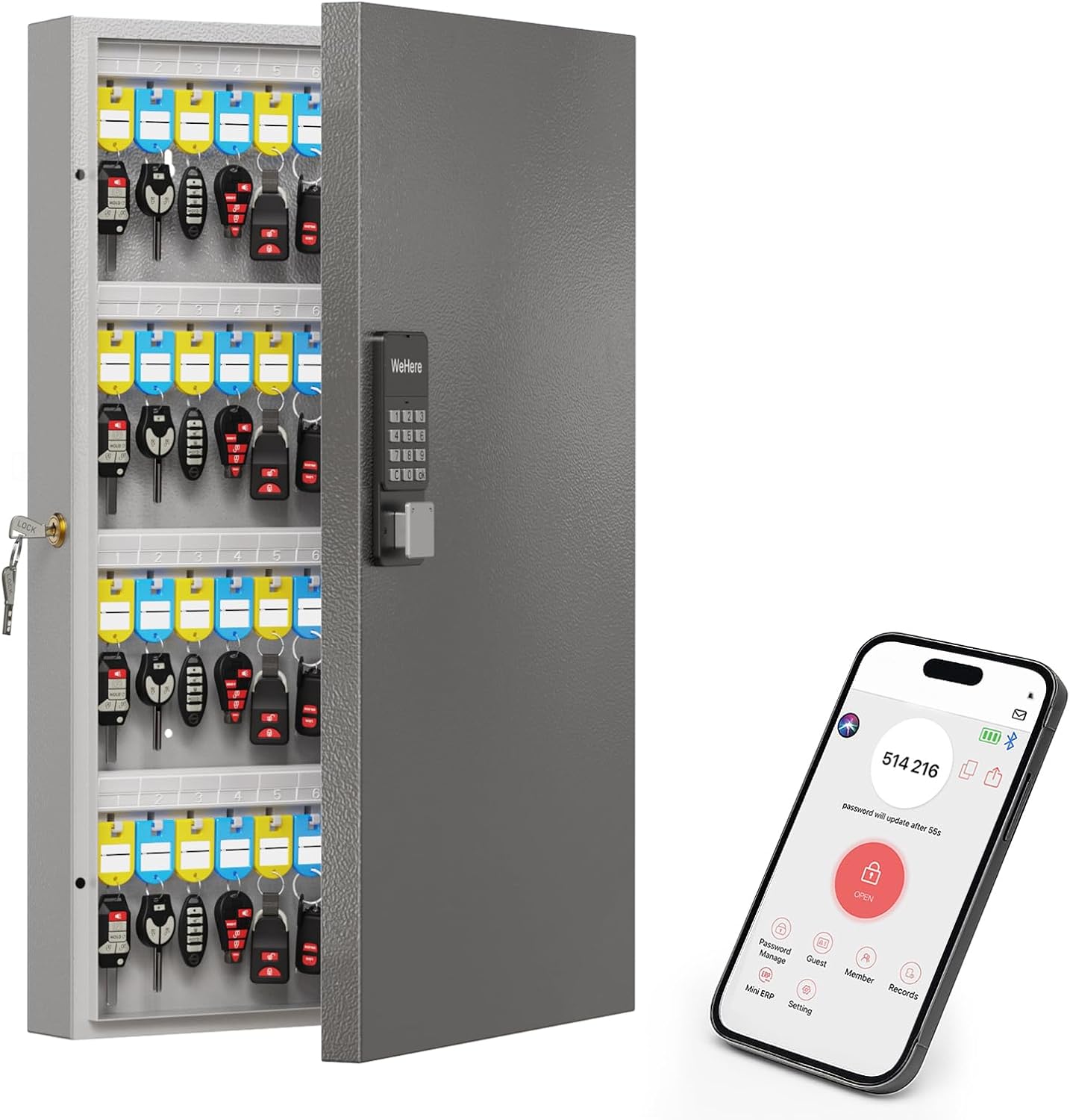 WeHere 96 Key Lock Box Wall Mount(Plus), Smart Security Storage Lockbox, Key Cabinet use APP Bluetooth/Fixed/Dynamic Password/OTP Share Unlock, Key Management for Valets/Realtors/Office