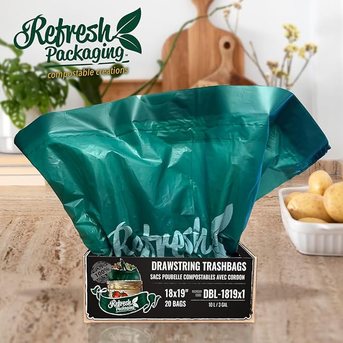 All Purpose Kitchen Trash Bags - 100% Certified Compost Safe Garbage Bag - Yard Waste Green Bin Liners - 10L / 3 Gallons - Drawstring Handles for Easy Use - 20 Bags Per Box
