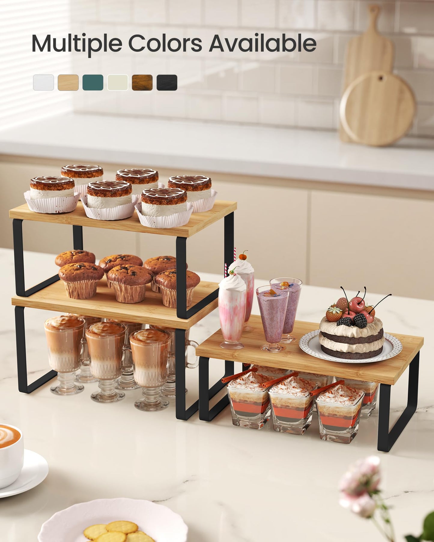 SONGMICS Cabinet Organizer Shelf, Set of 3 Kitchen Counter Shelves, Kitchen Storage, Spice Rack, Stackable, Expandable, Ink Black and Natural Beige UKCS014YL03