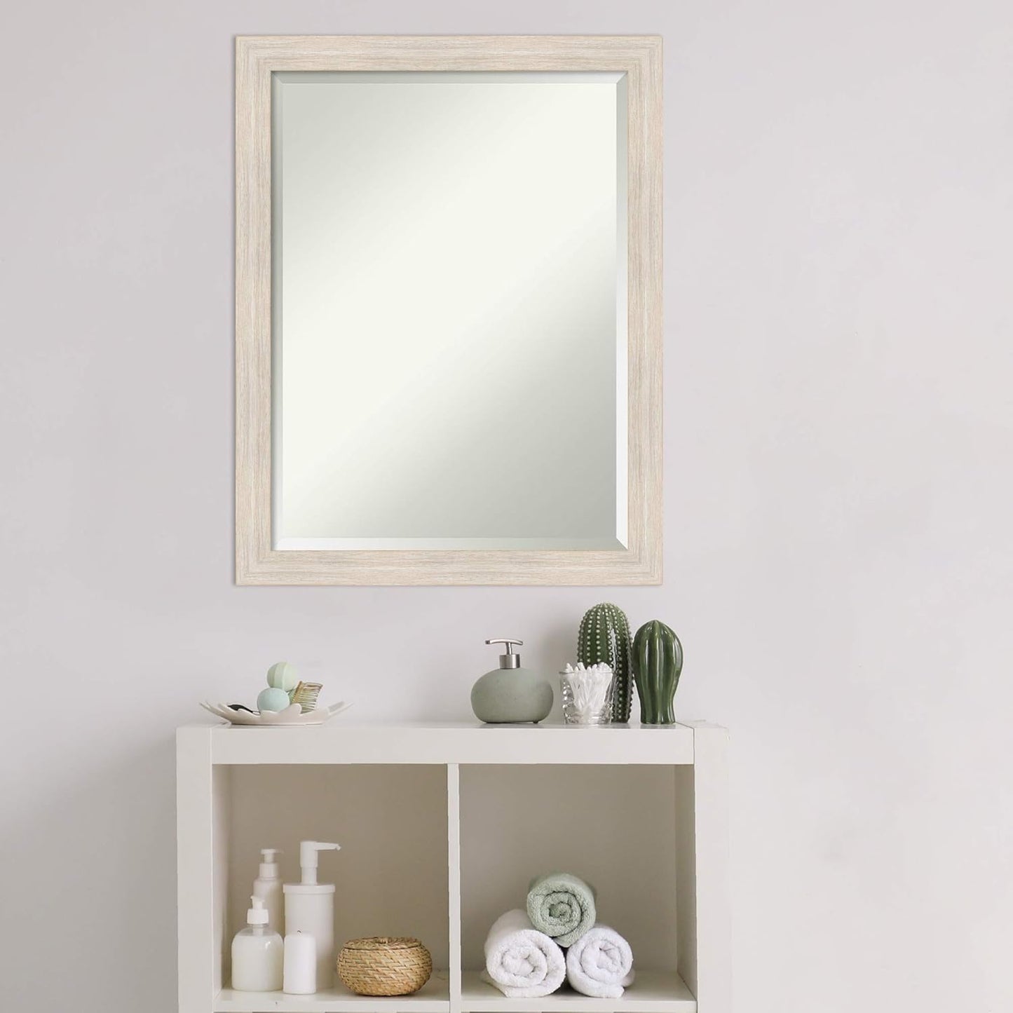 Amanti Art White Bathroom Mirror for Over Sink, 27x21 Hardwood White Wash Narrow Rectangle Vanity Mirror, Medium Rustic Farmhouse Wood Frame, Hangs Horizonally and Vertically, Bathroom Wall Decor