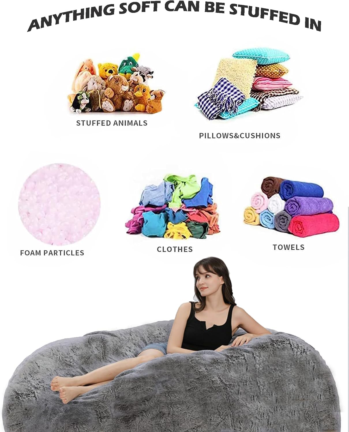 Bean Bag Chair Cover for Adults Kids Comfy Fluffy Giant Round Beanbag Cover Floor Chair Cover for Stuffed Animals Storage, 7FT, Black