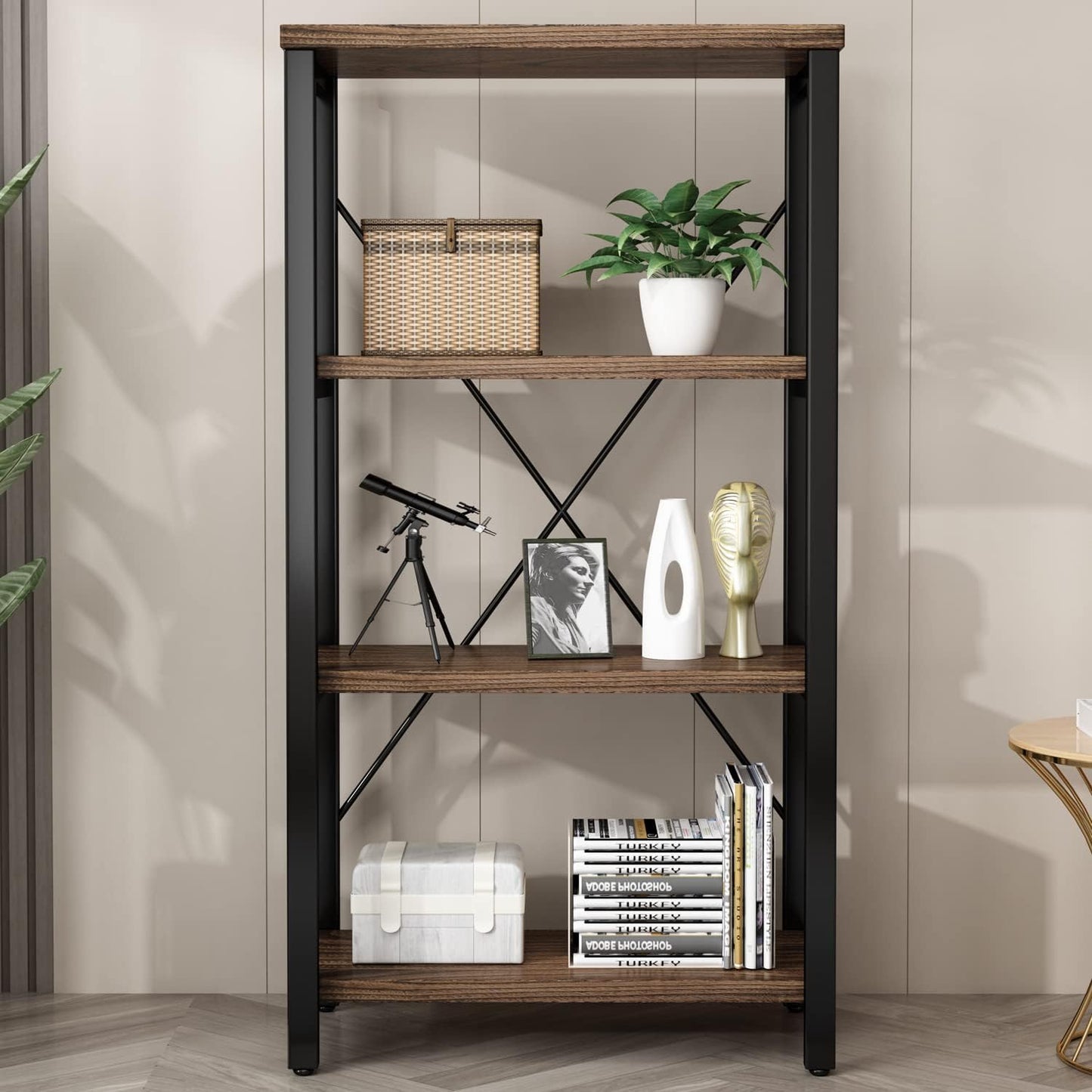4 Tier Bookshelf, Solid Wood Bookcase Shelf Storage Organizer, Vintage Storage Rack with Open Shelves Rustic Standing Bookshelves for Living Room,Bedroom Rustic Brown(AY01-4tier)