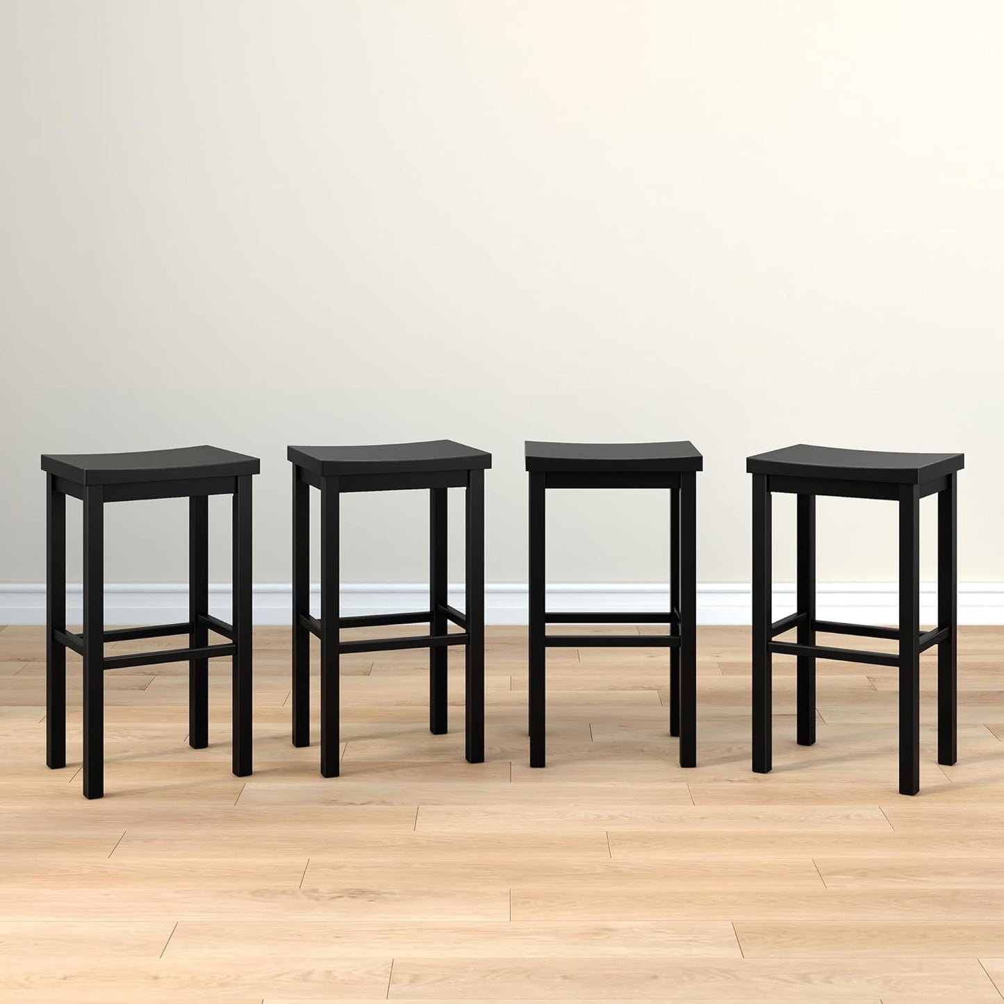 Grain & Grove Smith Collection Set of 4 Solid Wood Bar Stools, 30 inch Saddle-Seat Bar Chairs, Backless, Heavy-Duty Construction, Footrest Support, for Kitchen Islands, Home Bars, and Counters, Black