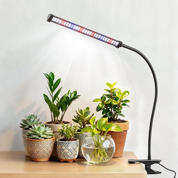 LED Grow Light, 5700K Full Spectrum Clip Plant Growing Lamp with White Red LEDs for Indoor Plants, 5-Levels Dimmable, Auto On Off Timing 4/8/12/18Hrs(Single Head)