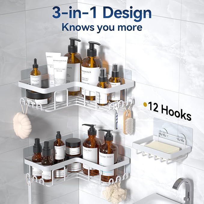 YASONIC Corner Adhesive Shower Caddy, with Soap Holder and 12 Hooks, Rustproof Stainless Steel Bathroom Organizer, No Drilling Wall Mounted Rack, White, 3-Pack