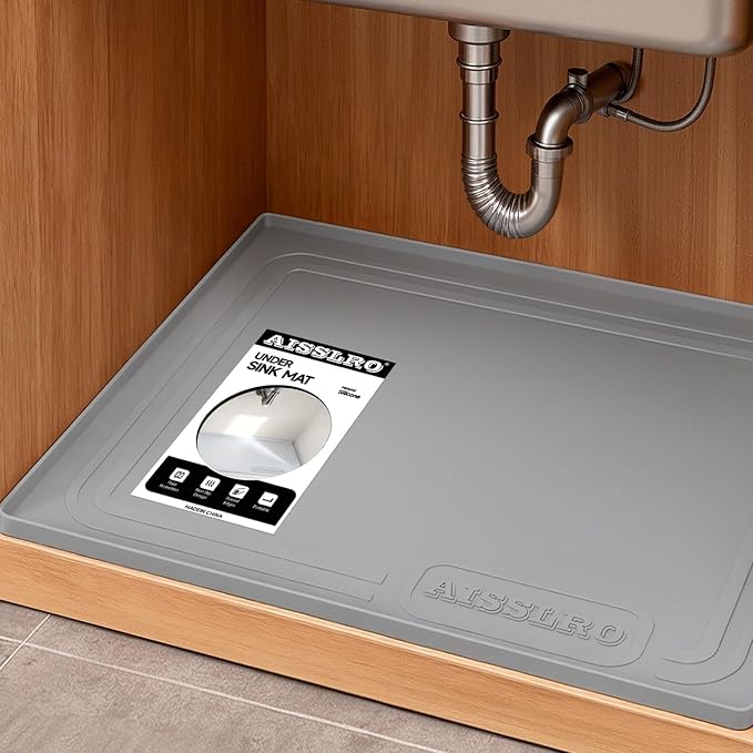 Under Sink Mat 28" X 19", Waterproof Silicone Under Sink Mats for Kitchen, Anti-Leak Shelf Liner & Cabinet Protector with Raised Edge, [BPA Free] Bathroom Tray Home Organizer, Grey
