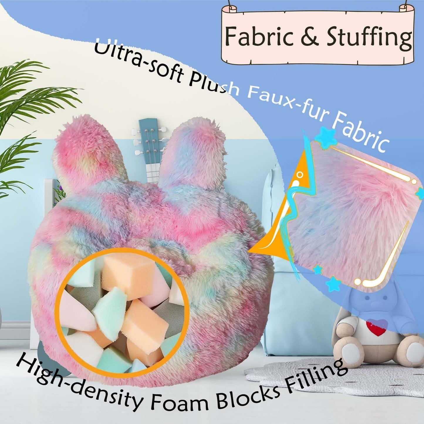 Bean Bag Chair for Kids with Plush Faux Fur Cover, 2.5FT Memory Foam Filled Bean Bag for Teens & Kids, Lazy Sofa for Living Room/Bedroom/Dorm, Rabbit-Ears Design