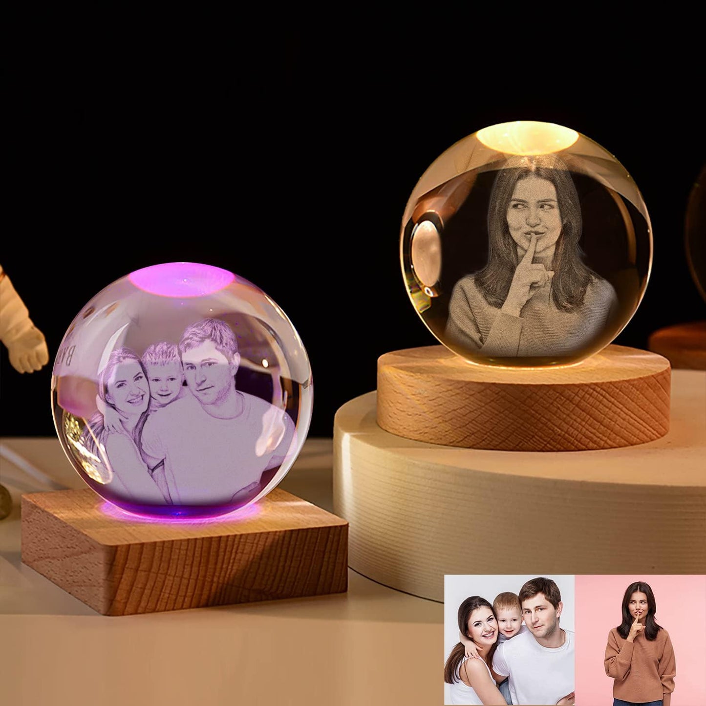 Personalized 3D Photo Engraved on Crystal Night Lights Family Baby Mom Dad Gift Crystal Ball Colorful Atmosphere Lights