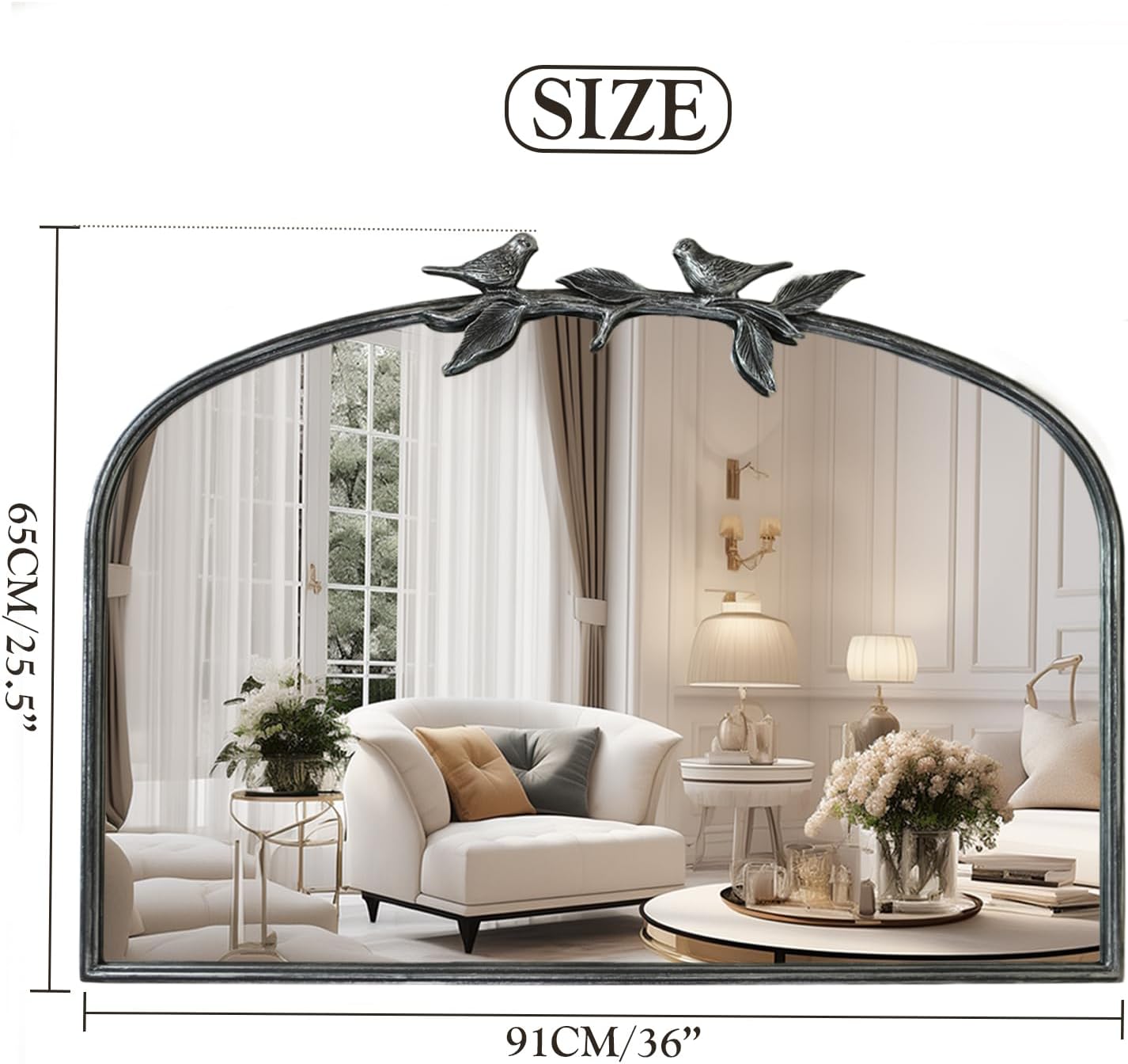 Silver Vintage Mirror - 36x24 Inch, Arched Antique Mirror with Ornate Frame for Bathroom, Living Room, Fireplace, Entryway