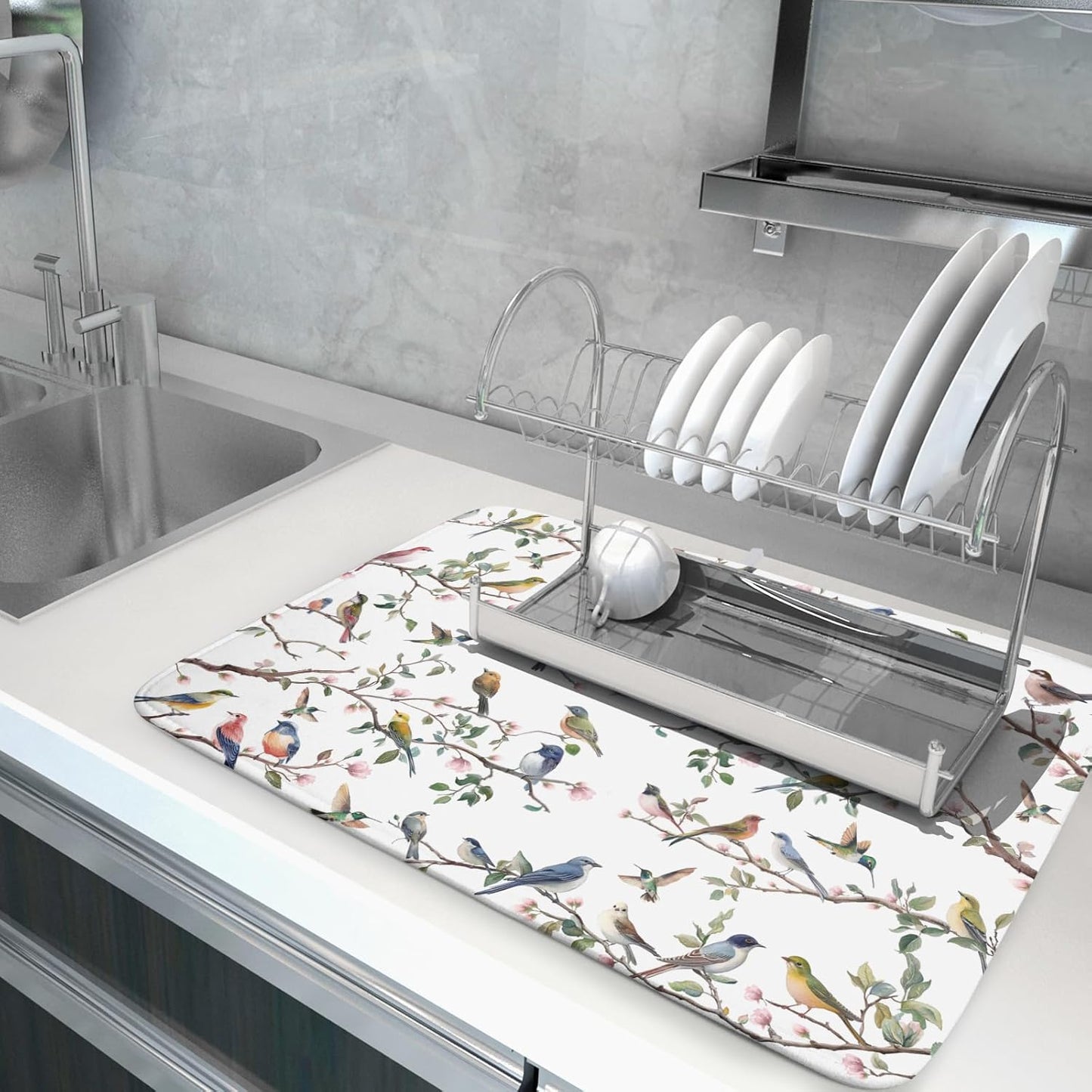 Floral Bird Dish Drying Mat for Kitchen Counter 18x24 Inch Spring Summer Bird Branch Flower Absorbent Reversible Microfiber Dish Pad Dish Drainer Rack Mats Countertops Protector Mat