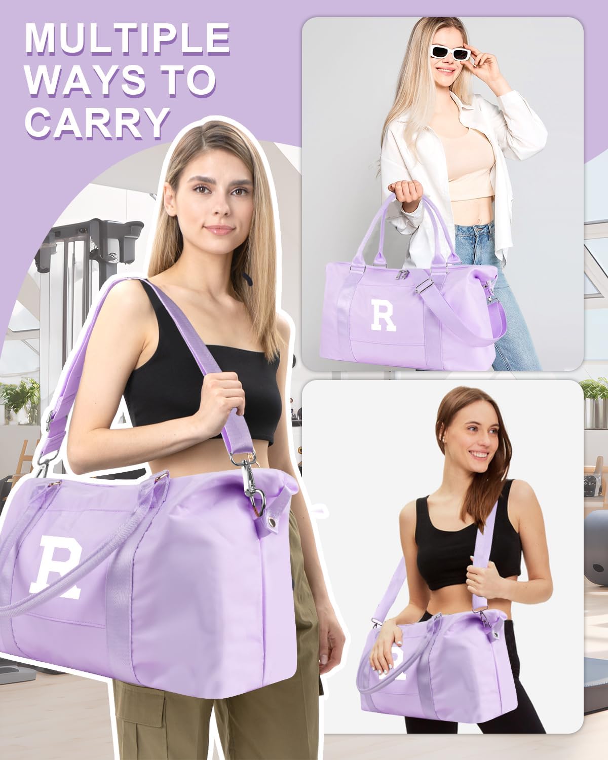 Daughter Niece Gifts for Teen Girl Kids, Initial Travel Duffel Bag Sports Gym Bag Personalized Gifts Weekender Bag，Monogram Overnight Bag Cute Dance Bag Birthday Bridesmaid Gifts for Women(Purple, R)