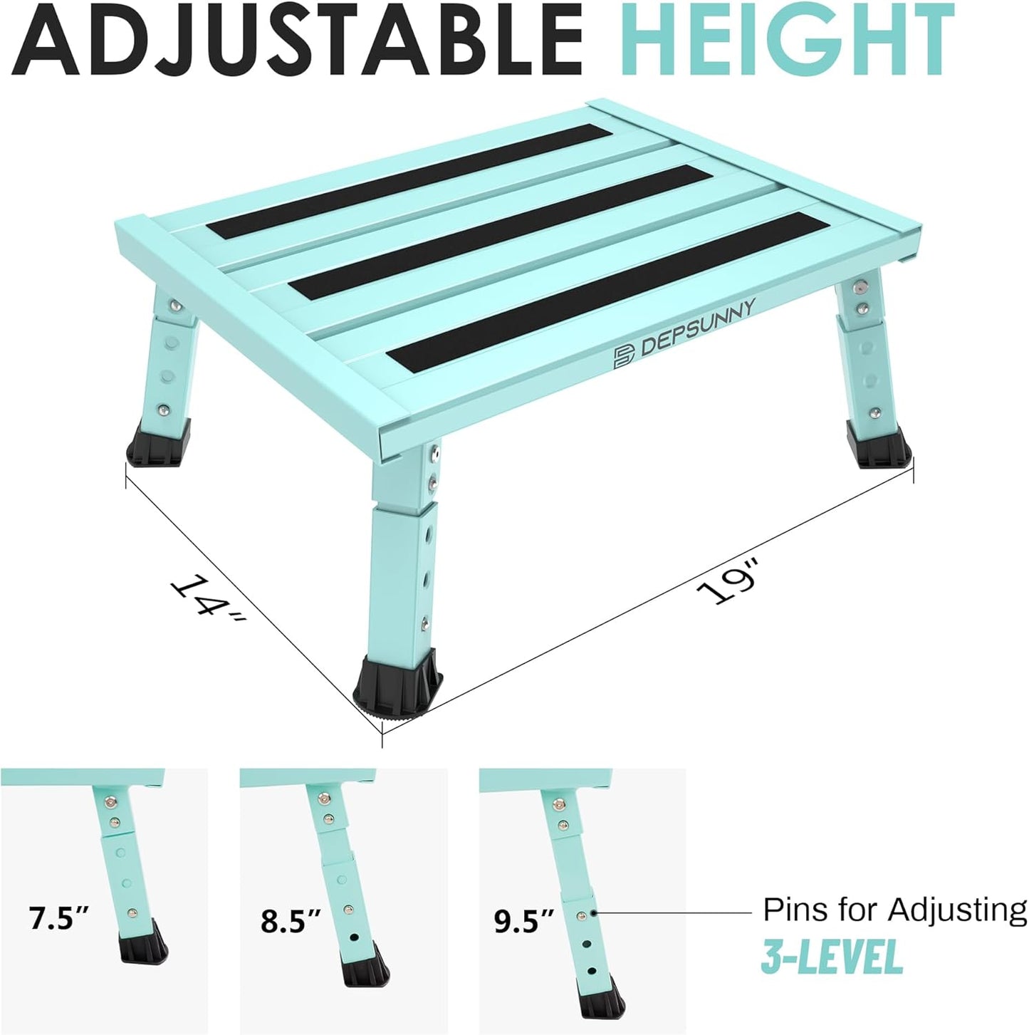 Adjustable Height Aluminum RV Step, Stable Foldable Platform Step Stool, Supports Up to 1,000 lb, Non-Slip Rubber Feet and Platform Mat, Easy to Carry (Green)