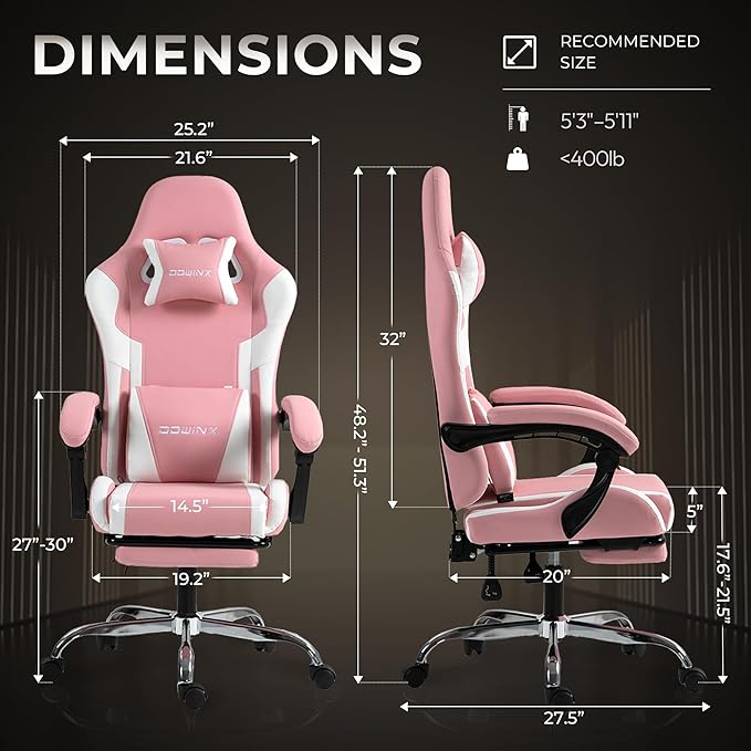 Ergonomic Gaming Chair with Footrest, Heavy Duty 330lbs Office Chair, Massage Lumbar Support, Adjustable Height & Headrest Pillow, Comfortable for Back Pain Relief, Streaming, Long Gaming, Rose