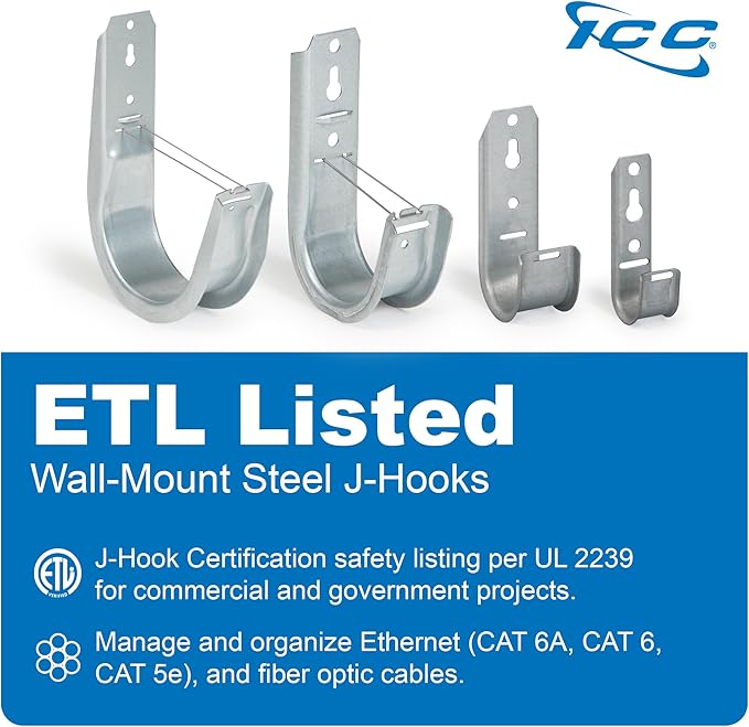 ICC 2-Inch Wall Mount J-Hook – 25-Pack, Cable Support Hooks with Retainer Clips, Galvanized Steel with Zinc Finish – for Structured Cabling and Cable Management
