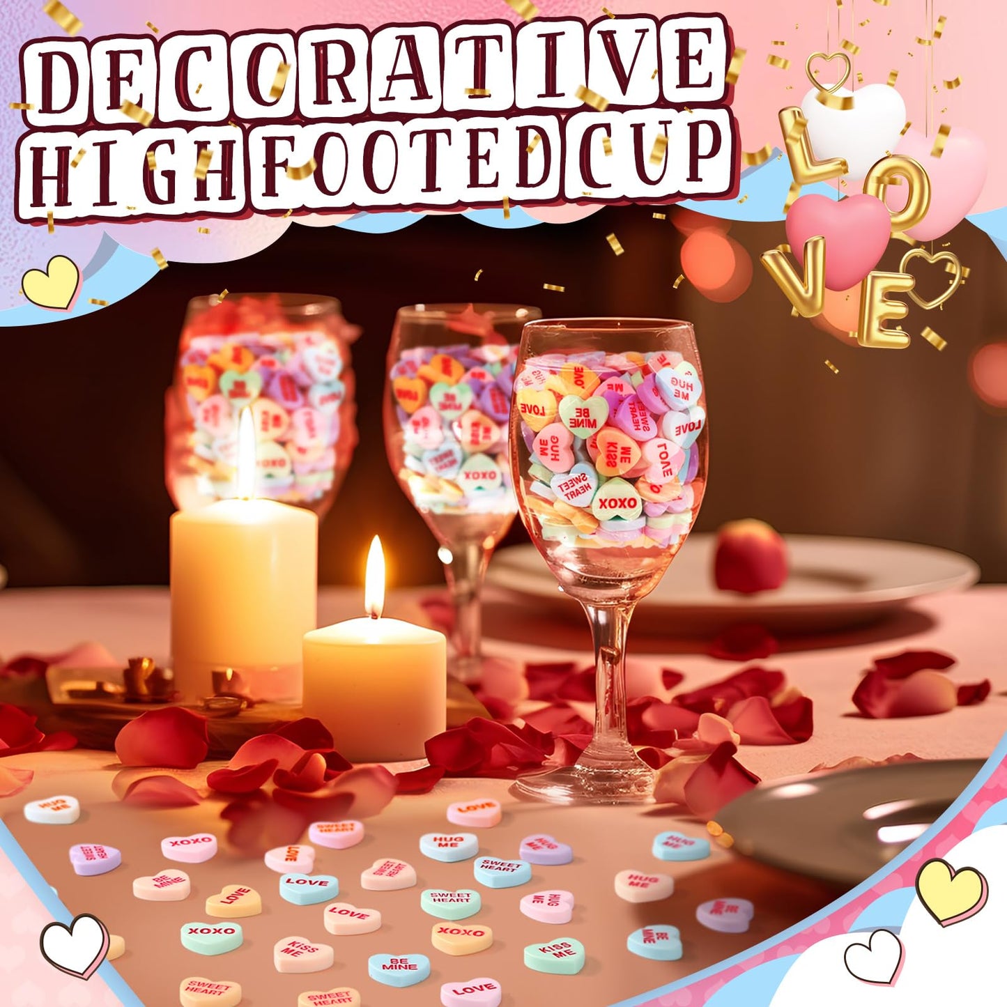 Threehoney 120 Pcs Conversation Hearts Vase Filler Valentine's Day Heart Ornament for Floating Candles Candy Love Centerpiece for Valentine Wedding Home Table Party Decor, No Water Gel, Macaron