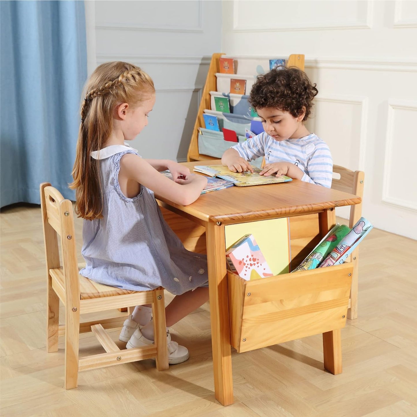 Kids Solid Wood Table and 2 Chair Set with Storage Desk and Chair Set for Children Toddler Activity Table (Solid Wood/Natural)
