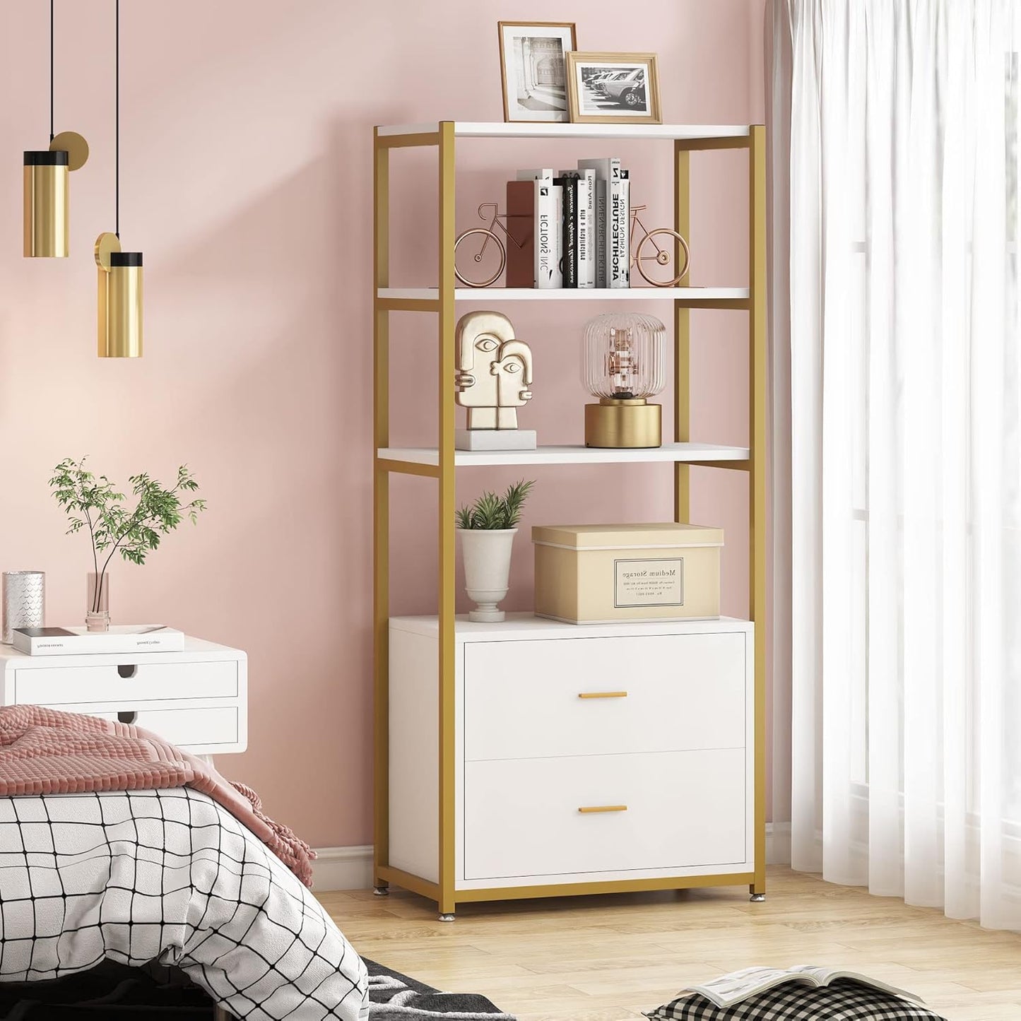 Tribesigns Bookcase, 4-Tier Bookshelf with 2 Drawers, Etagere Standard Book Shelves Display Shelf for Home Office (Gold/White)