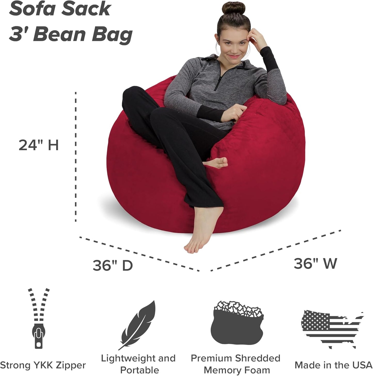 Sofa Sack Bean Bag Chair - Plush, Ultra Soft - Memory Foam Bean Bag Chair with Microsuede Cover - Stuffed Foam Filled Furniture and Accessories for Dorm Room 3 Feet - Cinnabar