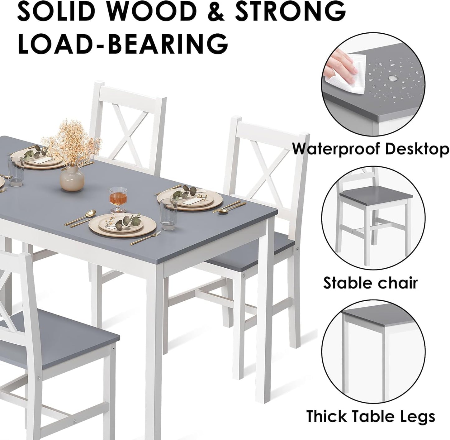 sogesfurniture 42.5''Dining Table Set for 4，Dinette Set for 4 Small Space,5 Pieces Dining Table for Kitchen, Dining Room, Pine Wood,Grey&White