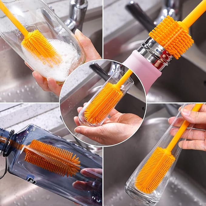 3-in-1 Silicone Bottle Brush and Straw Cleaning Brush Set, Water Bottle Cleaner for Narrow Neck Containers, Tumblers, Flask, Vase and Glassware (Charcoal)