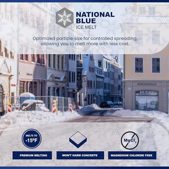 National Blue Ice Melt and Snow Salt 20lb Bucket - Fast Acting Ice Melter - Pet, Plant and Concrete Friendly, Environmentally Safe - Free of Magnesium Chloride - Melts to -15°F
