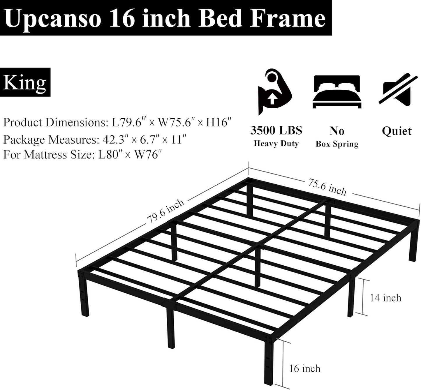 16 Inch King Bed Frame Heavy Duty Metal Platform King Size Bed Frames with 14 Inch Storage, Easy Assembly 3,500 lbs Steel Slats Support Mattress Foundation, Black
