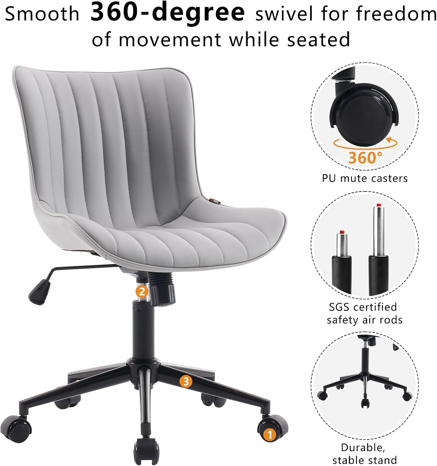 YOUNIKE Grey Home Office Desk Chair with Wheels Ergonomic Comfy Armless Vanity Chair with Back Modern Leather Upholstered Rolling Task Chair Small Cute Computer Drafting Sewing Chair Swivel Adjustable