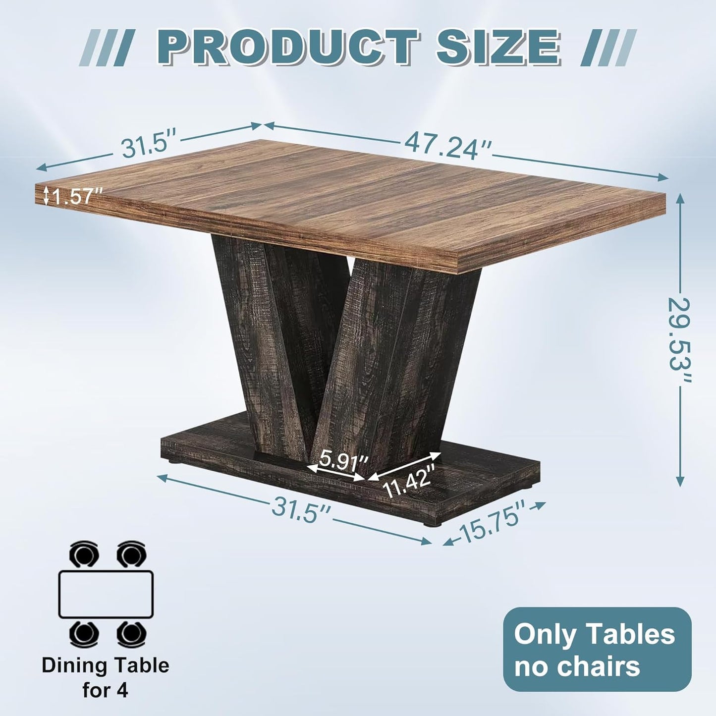Dining Table for 4-6, 47" Farmhouse Dinner Table with with Wooden Tabletop and Heavy Duty Pedestal Wooden Rectangular Kitchen Tables for Dining Room, Kitchen, Living Room, Brown & Black