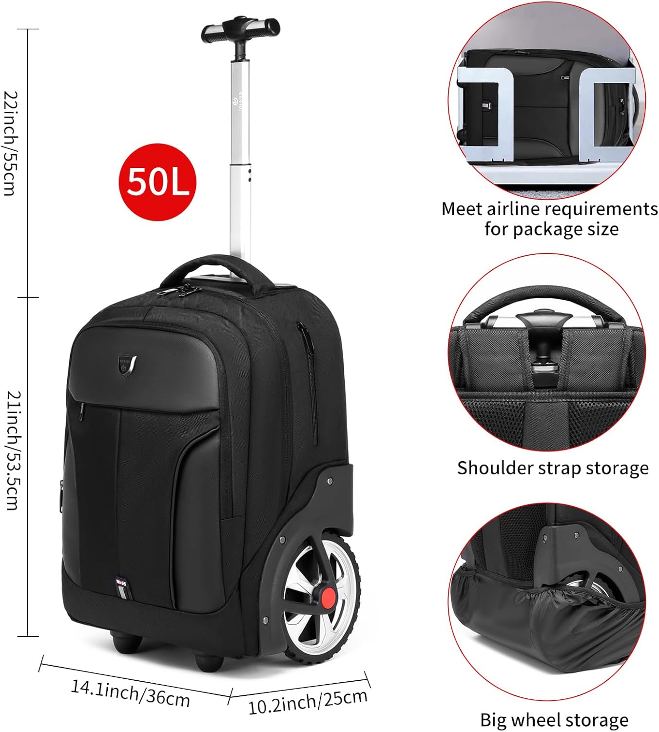 Rolling Backpack,Waterproof Backpack with Wheels for Business and Travel Commuter, Carry on Backpack with Laptop Compartment, Fit 17 Inch Laptop, Wheeled Backpack for Adults