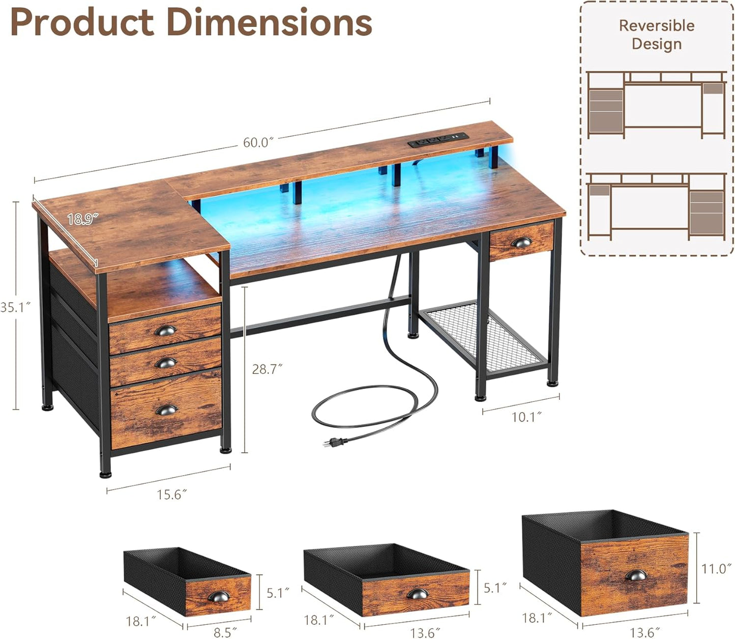 Furologee 60" Computer Desk with 4 Drawers and Printer Space, Gaming Desk with LED Lights and USB Power Outlets, Office Desk with Fabric File Cabinet, Work Table with Shelf for Bedroom, Rustic Brown