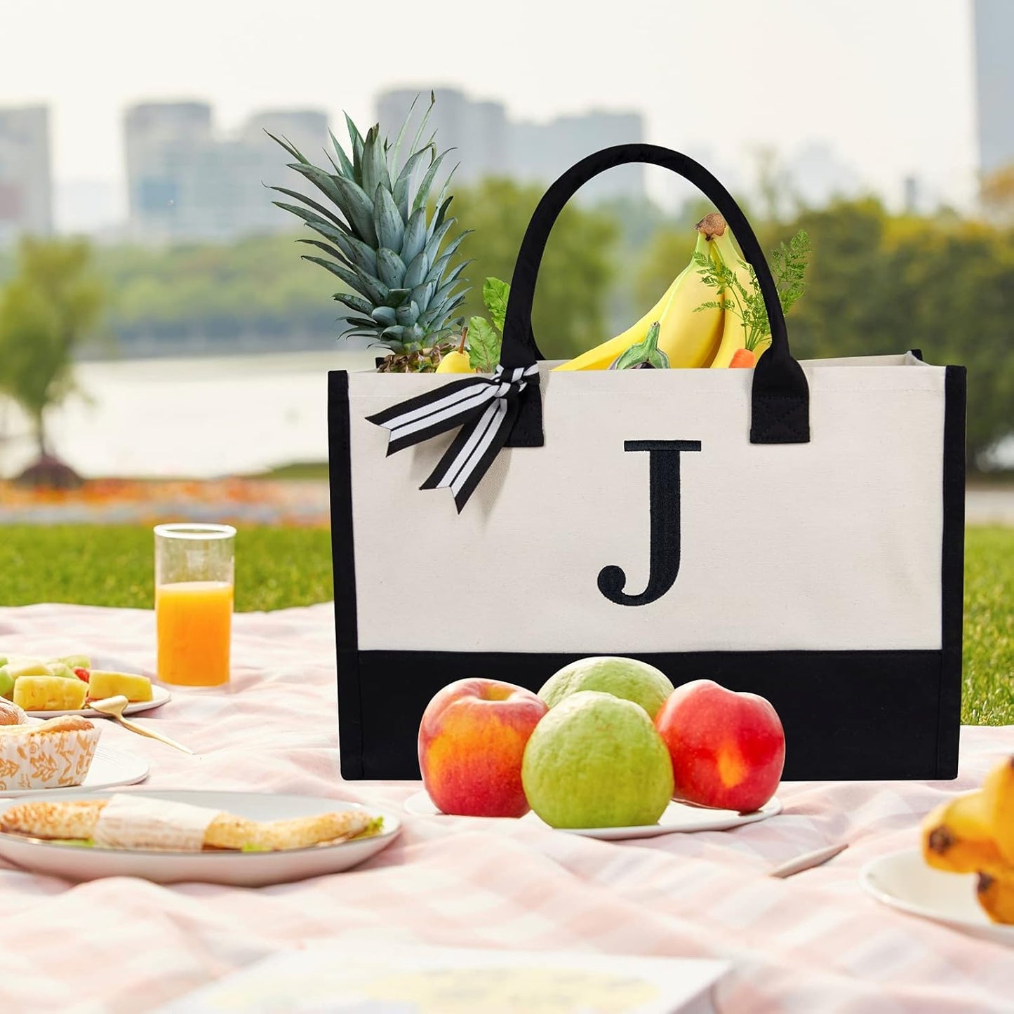 TOPDesign Embroidery Initial Canvas Tote Bag, Personalized Present Bag, Suitable for Wedding, Birthday, Beach, Holiday, is a Great Gift for Women, Mom, Teachers, Friends, Bridesmaids (Letter J)