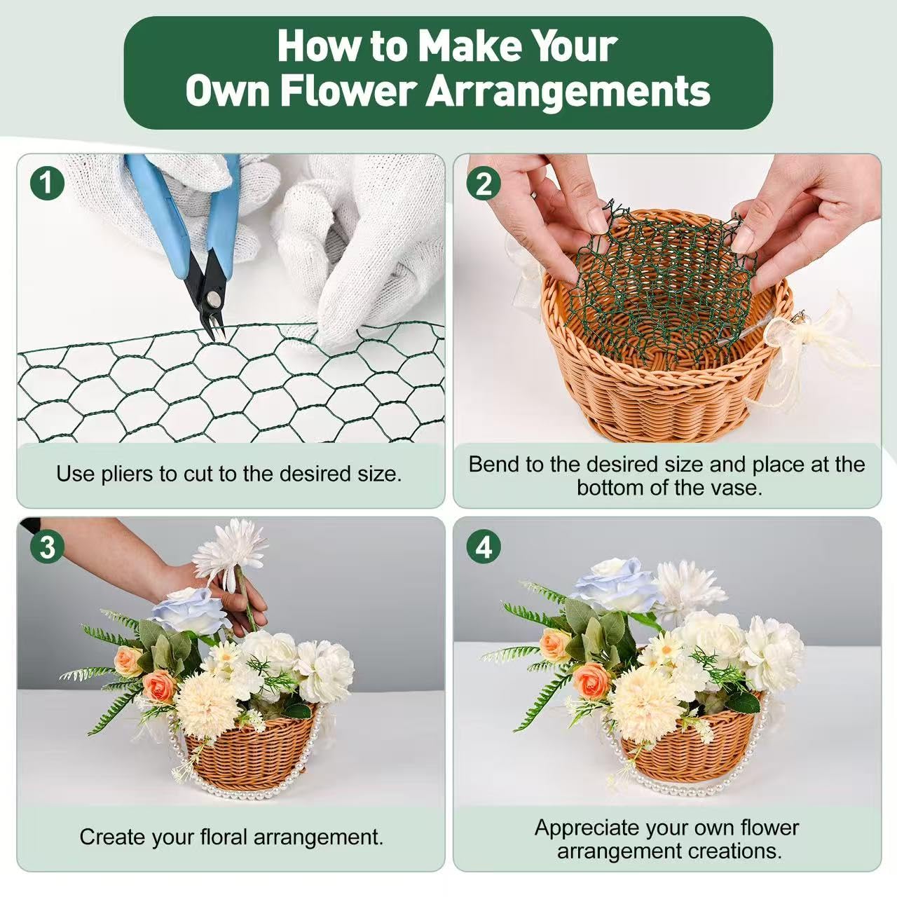 ROERLIEN 14 in×236 in Floral Wire Netting,Green Coated Floral Chicken Wire for Floral Arrangements,Garden Fencing,Protect Plant and Poultry,Decorate Flower Arch and DIY Craft. (14 in×236 in)