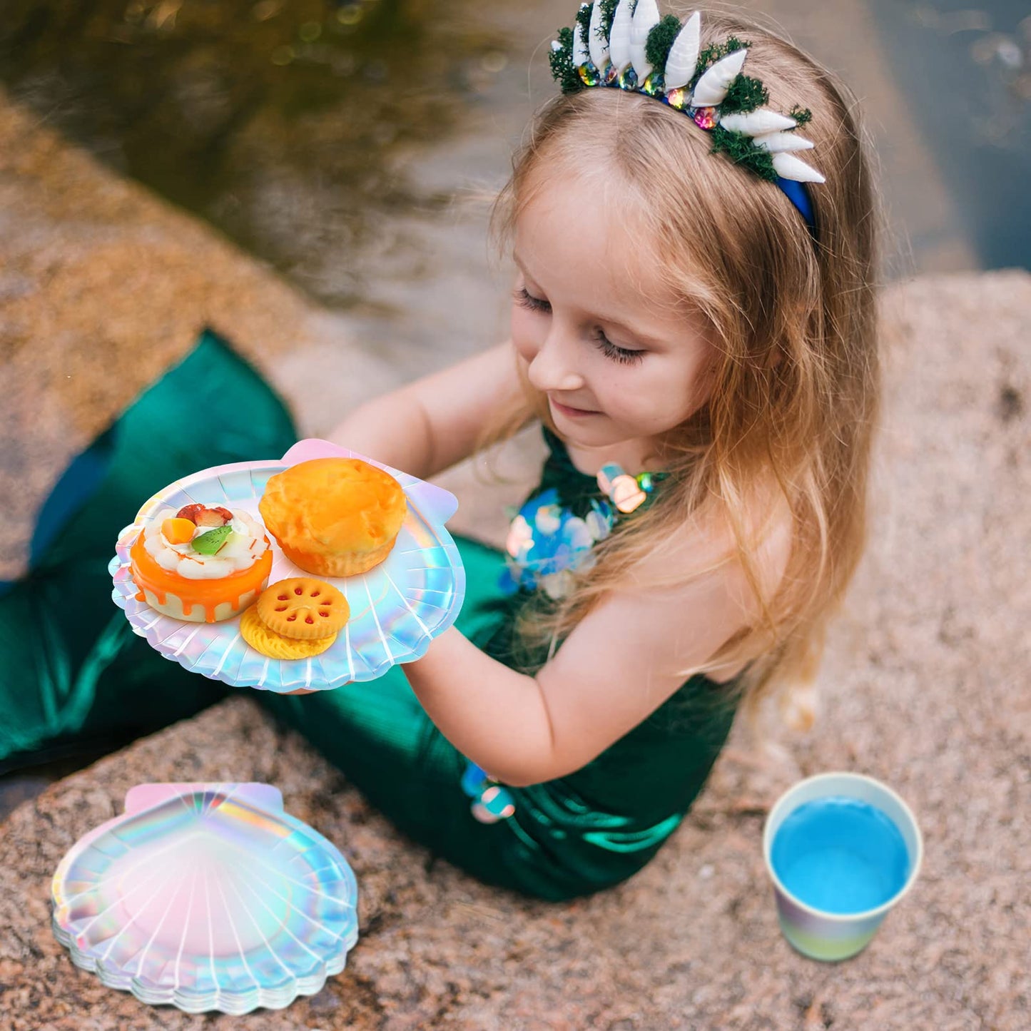 Hoolerry 200 Pcs Mermaid Party Supplies 7 Inch 9 Inch Disposable Paper Seashell Plates, Napkins and Cups Cutlery Dinnerware Set for Under The Sea Birthday Baby Shower Ocean Party Decoration, Sever 50